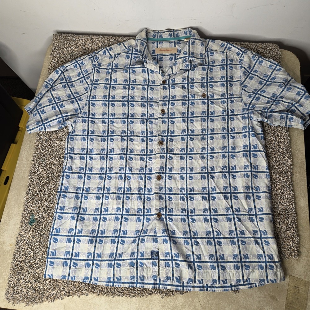 Tommy Bahama Mens Large Blue White 100% Silk Geometric Grid Short Sleeve Shirt
